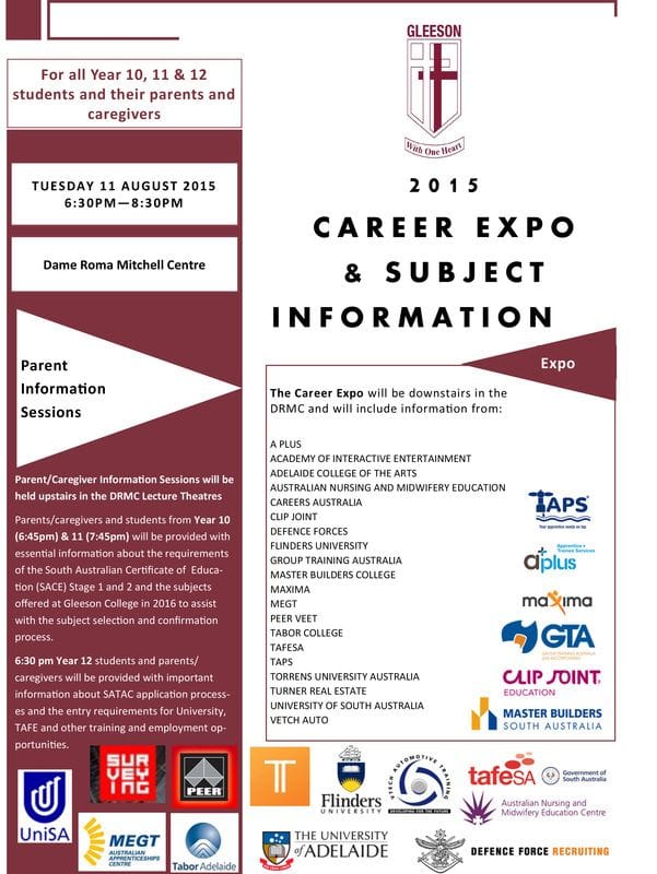 Gleeson Careers Expo & Subject Information Evening 2015 Gleeson Careers Expo & Subject Information Evening 2015